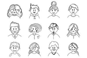 mensen doodle avatar set. diversiteit oude en jonge mannen en vrouwen. mensen met verschillende kapsels. vectorillustratie in platte schetsstijl. portretten pictogrammen instellen. vector