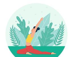 een meisje doet yoga in het park. het concept van yoga buitenshuis. de beoefening van yoga in de natuur. vlakke stijl. een gezonde leefstijl. een vrouwelijk stripfiguur op een achtergrond van bladeren en gras. vector