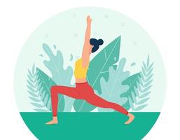 het meisje doet yoga in de frisse lucht. het concept van outdoor yoga.yoga lessen in de natuur. vlakke stijl. meisje in de pose van een krijger. een vrouwelijk stripfiguur op een achtergrond van gebladerte en planten vector