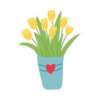 handdron emmer met tulpen. platte vectorillustratie geïsoleerd op een witte achtergrond. vector