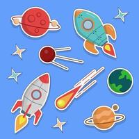 een set stickers van een raket, planeten, meteoriet, satelliet en sterren vector