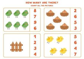 telspel voor kinderen. tel alle vogels en match met nummers. werkblad voor kinderen. vector