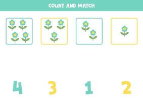 telspel voor kinderen. tel alle bloemen en match met nummers. werkblad voor kinderen. vector