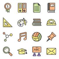 gekleurde lijn vector iconen set, in plat ontwerp onderwijs, school, verzameling van moderne pictogrammen en universiteit met elementen voor mobiele concepten en web apps.