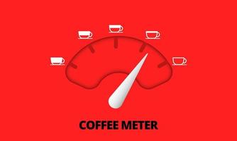 koffie-indicator, schaal en pijl met witte koffiekop op rode achtergrond. koffiethermometer, cafeïne-passieweegschalen, meetmeter voor het meterconcept van de koffieliefhebber. ontwerpelement. vector. vector