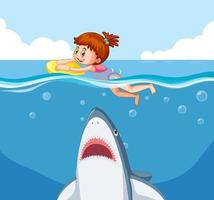een meisje dat aan een haai in het water ontsnapt vector