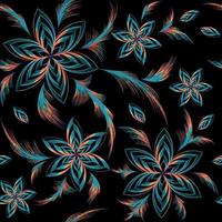turquoise kanten bloemen en bladeren van dunne lijnen op een zwarte achtergrond. bladeren getekend als een veren. felle kleuren. vector naadloos patroon.