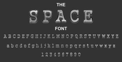 ruimtelettertype en alfabet met cijfers. vector typografie brief ontwerp.