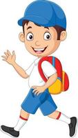 cartoon gelukkige schooljongen in uniform zwaaiende hand vector