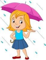 tekenfilm klein meisje met paraplu in de regen vector