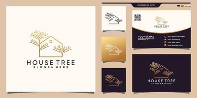 creatief huis- en boomlogo met gouden lijnkunststijl en visitekaartjeontwerp premium vector