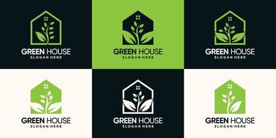 set bundel van groen huis logo-ontwerp met lijn kunststijl en negatieve ruimteconcept premium vector