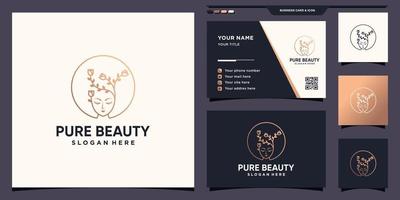 pure schoonheid vrouw gezicht logo met bloem in lineaire stijl en visitekaartje ontwerp premium vector