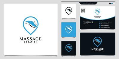 massage locatie logo met pin punt en visitekaartje ontwerp premium vector