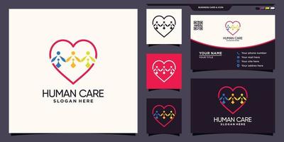 menselijke zorg logo en hart met unieke lijn kunststijl en visitekaartje ontwerp premium vector