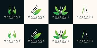 set bundel van natuurlijke massagetherapie logo-ontwerp met hand, bot en blad premium vector