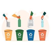 verschillend gekleurde prullenbakken met papier, plastic, glas en metaalafval geschikt voor recycling. vector