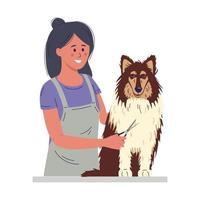 een jonge vrouw knipt de vacht van een hond. vector