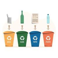 verschillend gekleurde prullenbakken met papier, plastic, glas en metaalafval geschikt voor recycling.