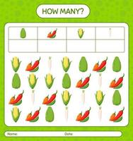 hoeveel telspel met groenten. werkblad voor kleuters, activiteitenblad voor kinderen, afdrukbaar werkblad vector