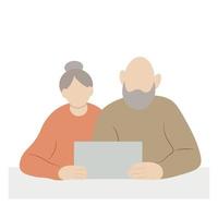 portret van een bejaarde echtpaar met een tablet in hun handen, gezichtsloze vectorillustratie, geïsoleerd op een witte achtergrond vector