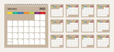 kalender 2022 kleurrijk ontwerp, set van 12 vector muur planner kalenderpagina's op beige achtergrond. week begint op maandag.