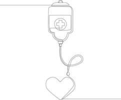 doorlopende lijn voor bloeddonatie met één lijn die de druppelaar en het hart verbindt. enkele lijn tekenen ontwerp vector grafische afbeelding.