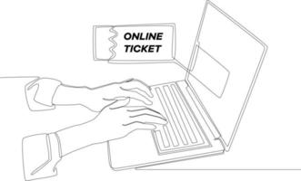 continue één lijntekening van consument die online ticket bestelt met een laptop. enkele lijn tekenen ontwerp vector grafische afbeelding.