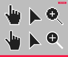 zwart-wit pijl, hand en vergrootglas non pixel muis cursor iconen vector illustratie set