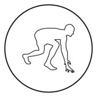 loper bereidt zich voor om te beginnen met rennen start renner in klaar houding om te sprinten silhouet klaar om te beginnen pictogram zwart in cirkel rond vector