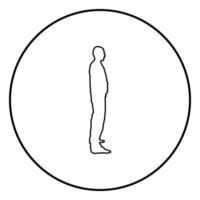 man staat gekleed in werkkleding overall en ziet er recht uit pictogram overzicht zwarte kleur vector in cirkel ronde illustratie vlakke stijl afbeelding