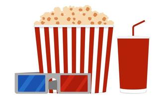 popcorn, glazen en een drankje. alles voor het kijken van een film in de bioscoop. vlak. vector illustratie