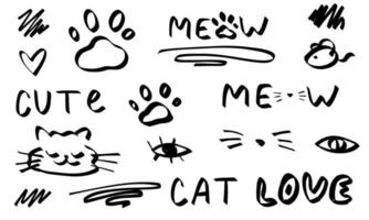 doodle katten, poten, miauw tekst. schets set schattig geïsoleerde lijn collectie voor huisdieren. vector