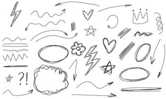 doodle frames lijnen pijlen bloem ster kroon. schets set schattig geïsoleerde collectie voor kantoor. vector