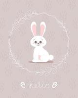 schattig konijntje, baby en kinderen concept. vrolijk pasen konijnen verschillende poses stripfiguren. kaart met schattig konijntje. konijntje met bloemen bladeren. ontwerp voor baby, kinderposter, kaart, uitnodiging. vector