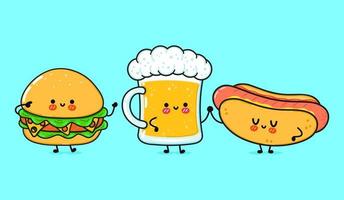 schattig, grappig gelukkig glas bier, hotdog en hamburger. vector hand getekend kawaii stripfiguren, illustratie pictogram. grappige cartoon glas bier hotdog en hamburger mascotte vrienden concept