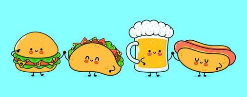 schattig, grappig gelukkig glas bier, hotdog, hamburger, taco. vector hand getekend kawaii stripfiguren, illustratie pictogram. grappige cartoon glas bier, hotdog, hamburger, taco mascotte vrienden concept