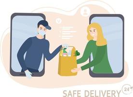 het concept van veilige thuisbezorging. koerier houdt een zak eten vast, overhandigt de klant fastfood. man in een masker en handschoen, bescherming tegen virussen. online supermarkt.