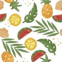 naadloos patroon met tropisch fruit en palmbladeren. watermeloen en sinaasappelschijfjes, ananas vector