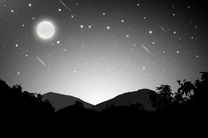 nachtlandschap met silhouetten van bergen en lucht met sterren en volle maan, sterrenhemel achtergrond. blauwe lucht met stralende sterren, vectorillustratie vector