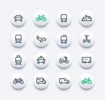 transportlijn iconen set, auto, schip, trein, vliegtuig, bestelwagen, fiets, motor, camper, bus, taxi, trolleybus, metro, openbaar vervoer