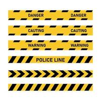 politie tape set. geel en zwart lintgevaar, waarschuwing, voorzichtigheid, alert, aandacht. vector illustratie