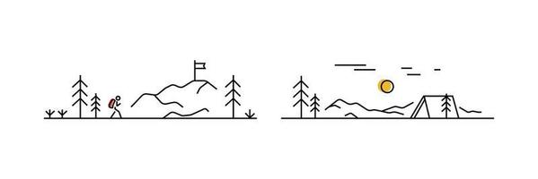 kamperen in bergen lijnkunst concept. bergen tent dennenbomen landschap. buitenrust, trekking, activiteitensport. eenvoudige vorm. vectorillustratie op witte achtergrond vector