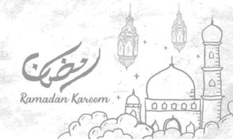 gedetailleerde schetsillustratie voor ramadan kareem met grungeachtergrond en Arabische tekst. vector illustratie