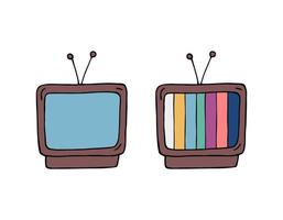 doodle retro tv uit de jaren 1990 geïsoleerd. vintage televisie met test kleurrijke strepen en leeg. vector gekleurde doodle illustratie op witte achtergrond