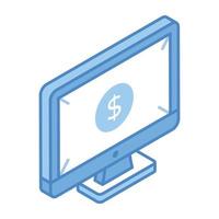 dollar binnen monitor, een isometrisch icoon van online handel vector