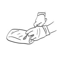 lijn kunst close-up hand met latex handschoenen met mes om vlees te snijden illustratie vector hand getrokken geïsoleerd op een witte achtergrond