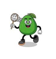 cartoon van avocadofruit dat een vlinder vangt vector