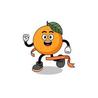 mascotte cartoon van oranje fruit dat op de finishlijn loopt vector