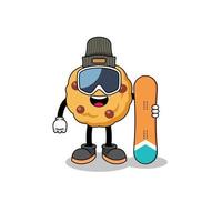mascotte cartoon van chocolate chip cookie snowboard speler